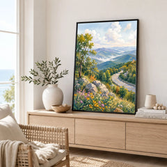 Shenandoah National Park Skyline Drive and Blue Ridge watercolour art print framed in a living room