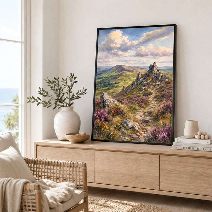 Shropshire Hills Stiperstones rocky ridge watercolour art print framed in a living room