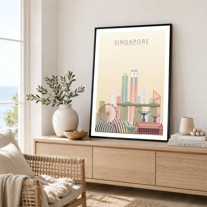 Singapore city skyline art print framed in a living room