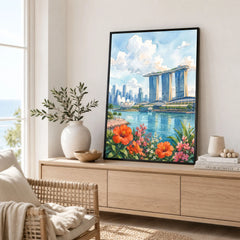 Singapore Marina Bay Sands skyline watercolour art print framed in a living room