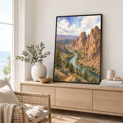 Smith Rock State Park Crooked River below the rock spires watercolour art print framed in a living room