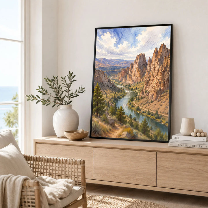 Smith Rock State Park Crooked River below the rock spires watercolour art print framed in a living room