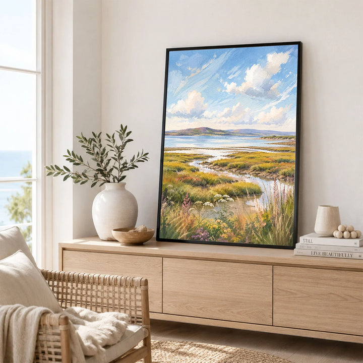 Solway Coast salt marsh estuary watercolour art print framed in a living room