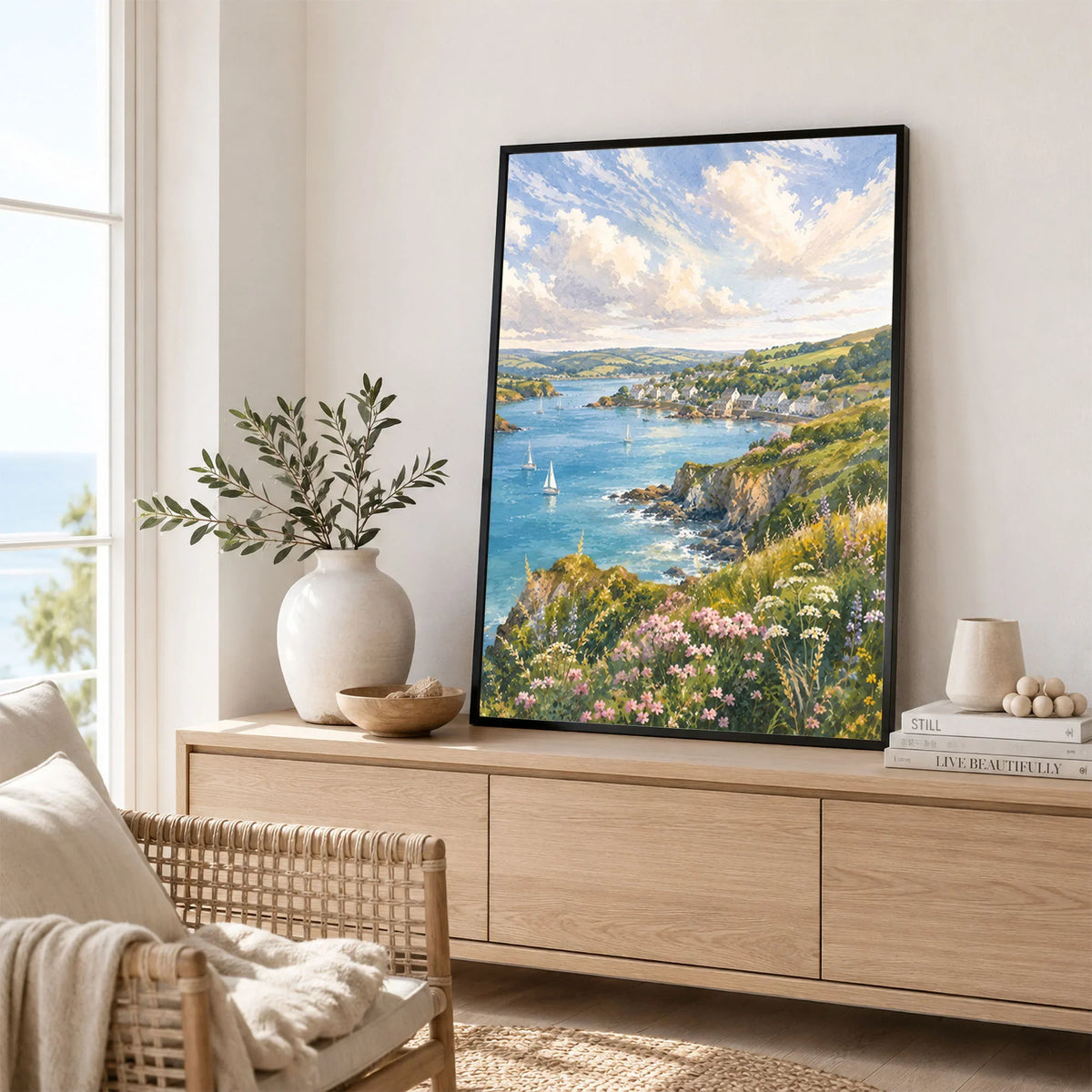 South Devon estuary village and sailing boats watercolour art print framed in a living room