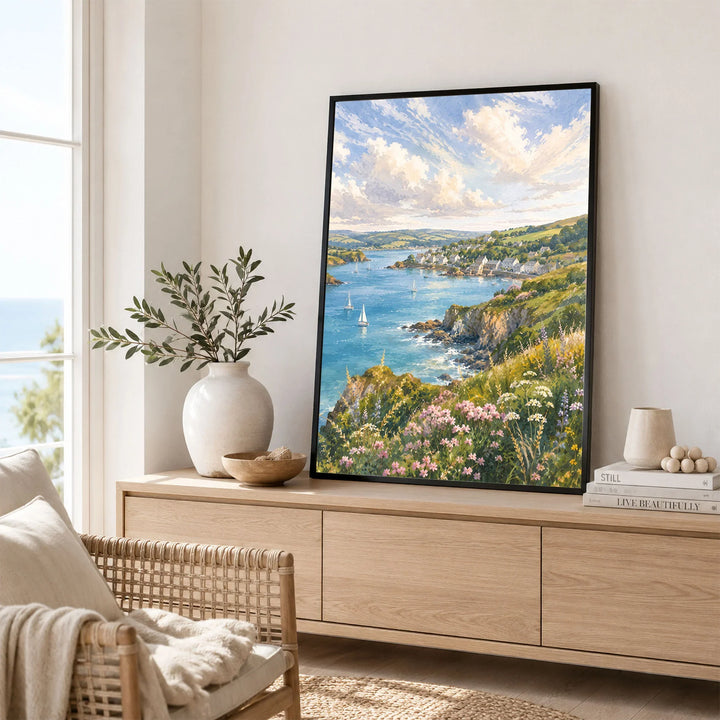 South Devon estuary village and sailing boats watercolour art print framed in a living room