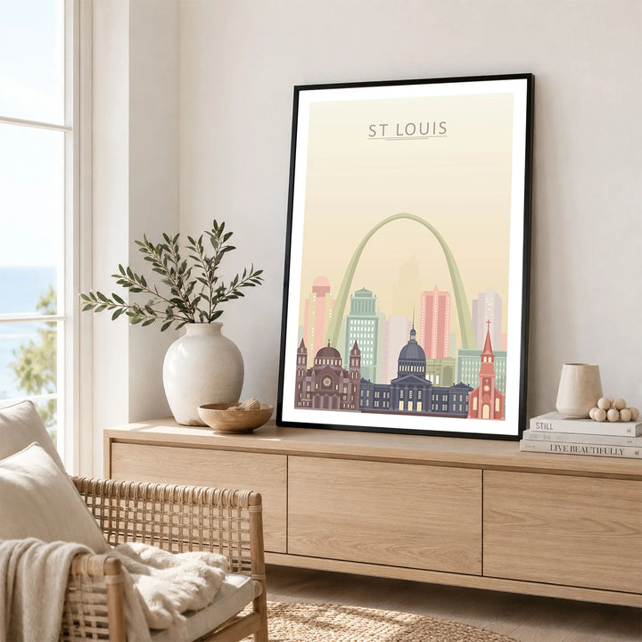 St Louis city skyline art print framed in a living room