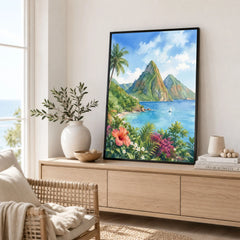 St Lucia the Pitons and bay watercolour art print framed in a living room