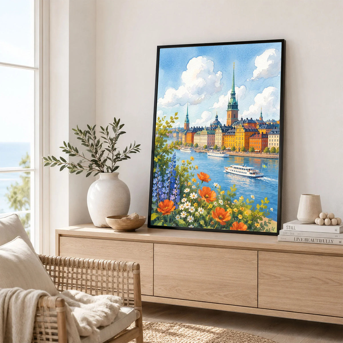 Stockholm Gamla Stan waterfront watercolour art print framed in a living room