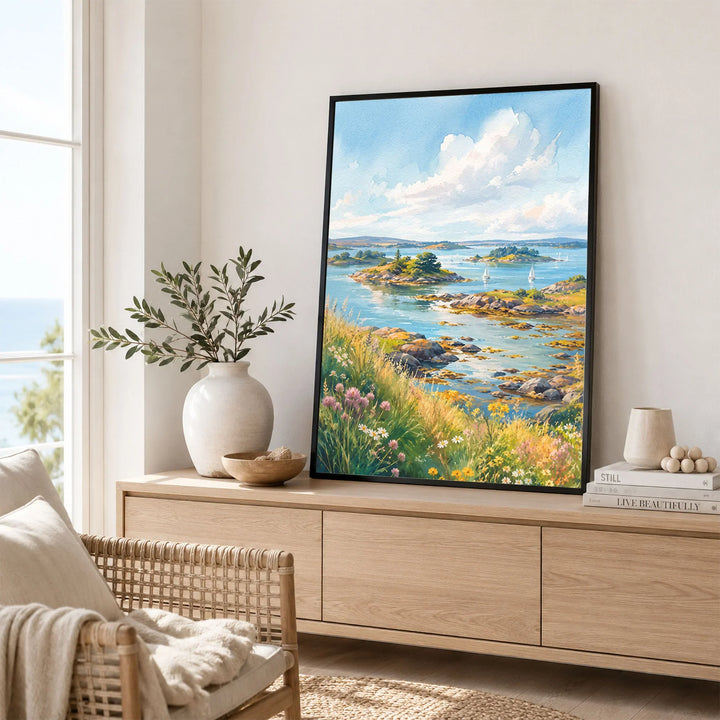 Strangford Lough islands and sailing boats watercolour art print framed in a living room