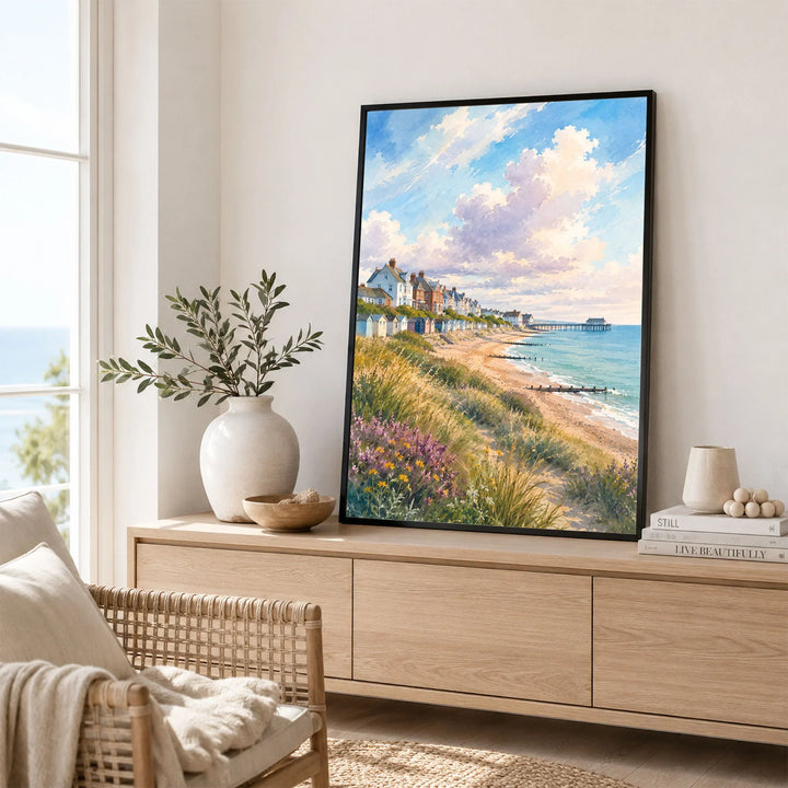 Suffolk Coast Southwold pier and beach huts watercolour art print framed in a living room