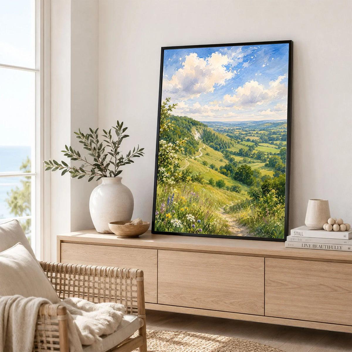 Surrey Hills wooded valley path watercolour art print framed in a living room