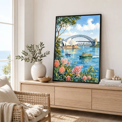 Sydney Opera House and Harbour Bridge watercolour art print framed in a living room