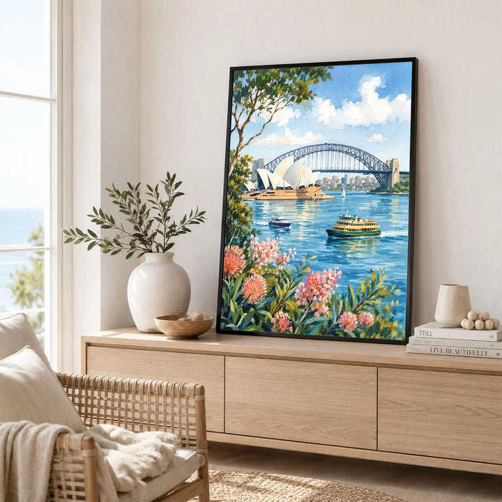 Sydney Opera House and Harbour Bridge watercolour art print framed in a living room
