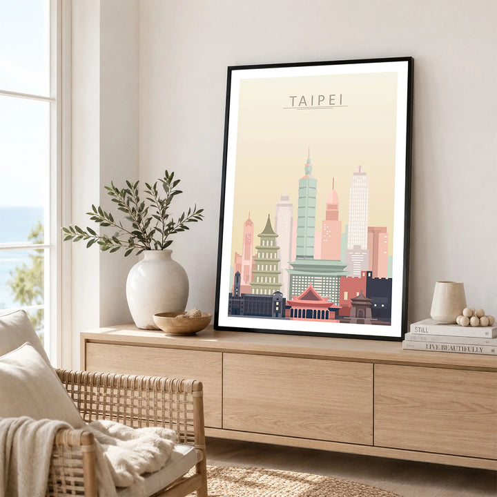 Taipei city skyline art print framed in a living room