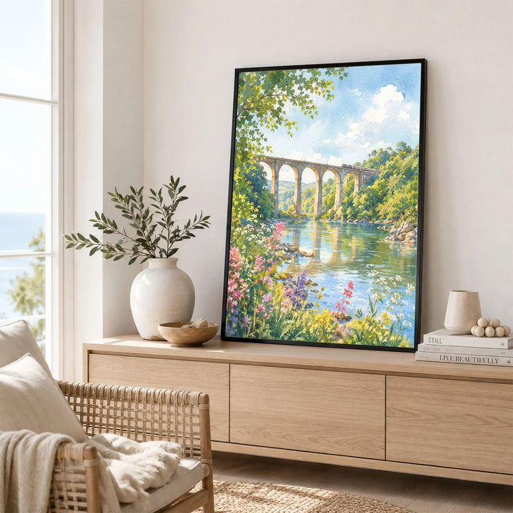 Tamar Valley Calstock Viaduct over the river watercolour art print framed in a living room