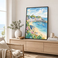 Tenby pastel harbour houses and beach watercolour art print framed in a living room