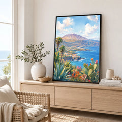 Tenerife Mount Teide and coast watercolour art print framed in a living room