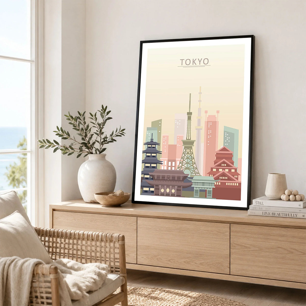 Tokyo city skyline art print framed in a living room