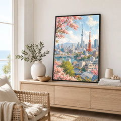 Tokyo Tokyo Tower, Skytree and Mount Fuji watercolour art print framed in a living room