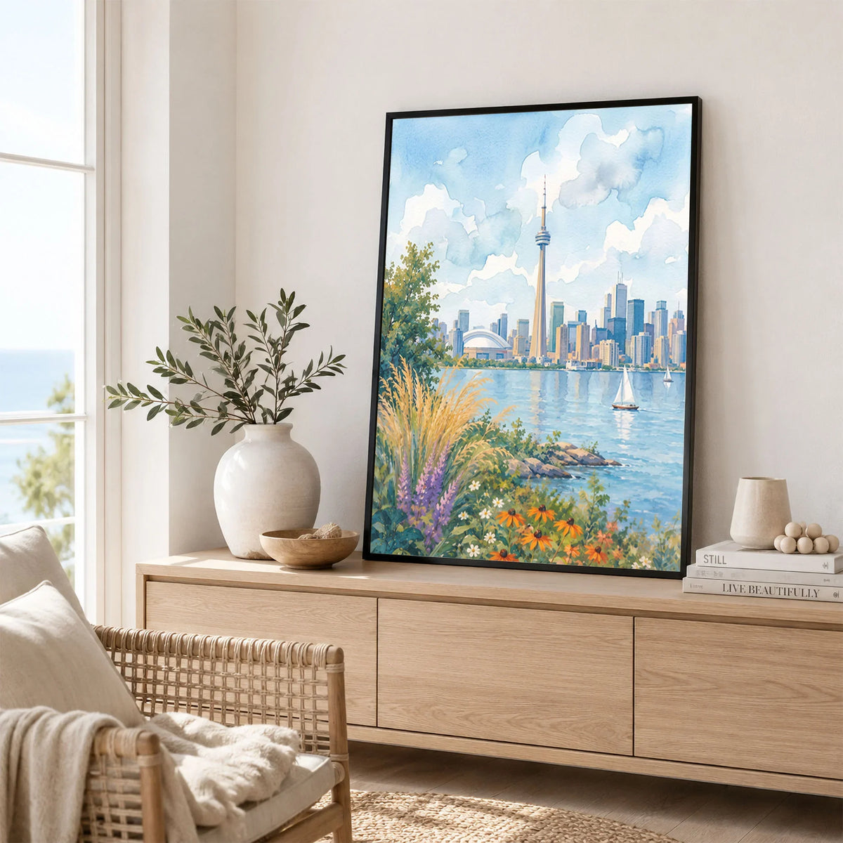 Toronto CN Tower skyline over Lake Ontario watercolour art print framed in a living room