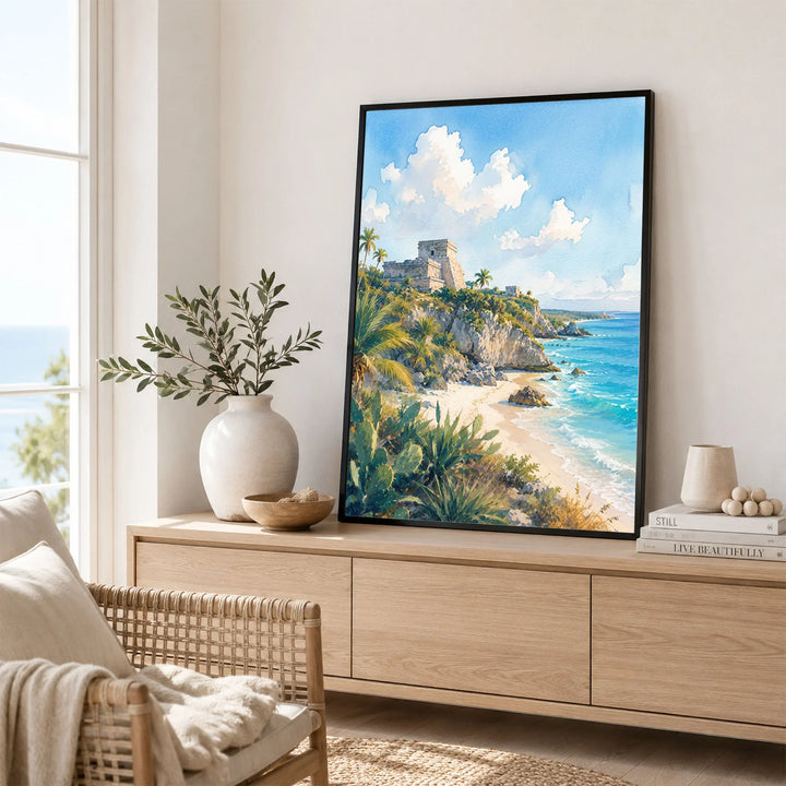 Tulum Mayan ruins above the beach watercolour art print framed in a living room