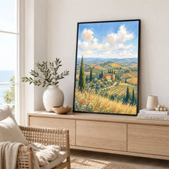 Tuscany rolling hills and cypress trees watercolour art print framed in a living room