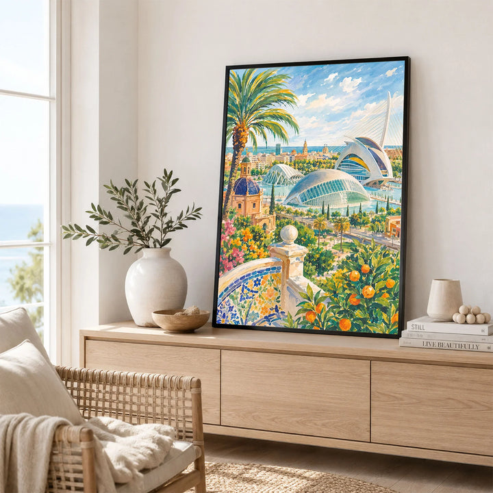Valencia City of Arts and Sciences watercolour art print framed in a living room