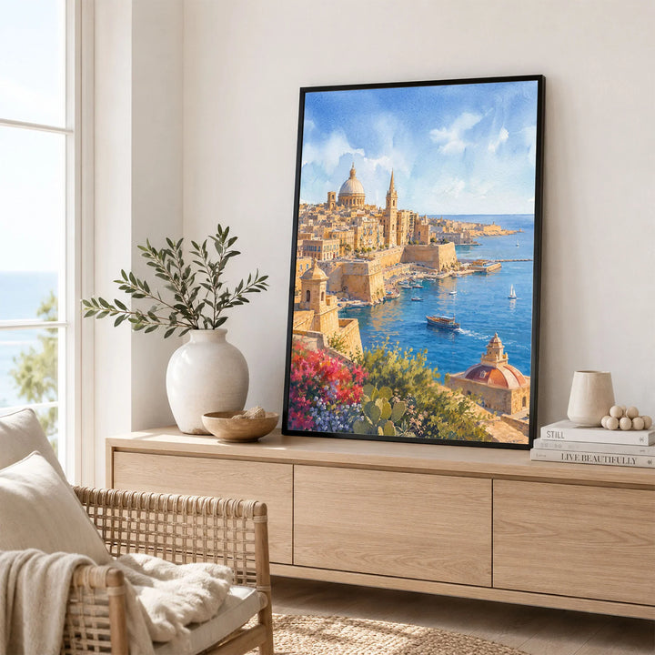 Valletta Grand Harbour and domes watercolour art print framed in a living room