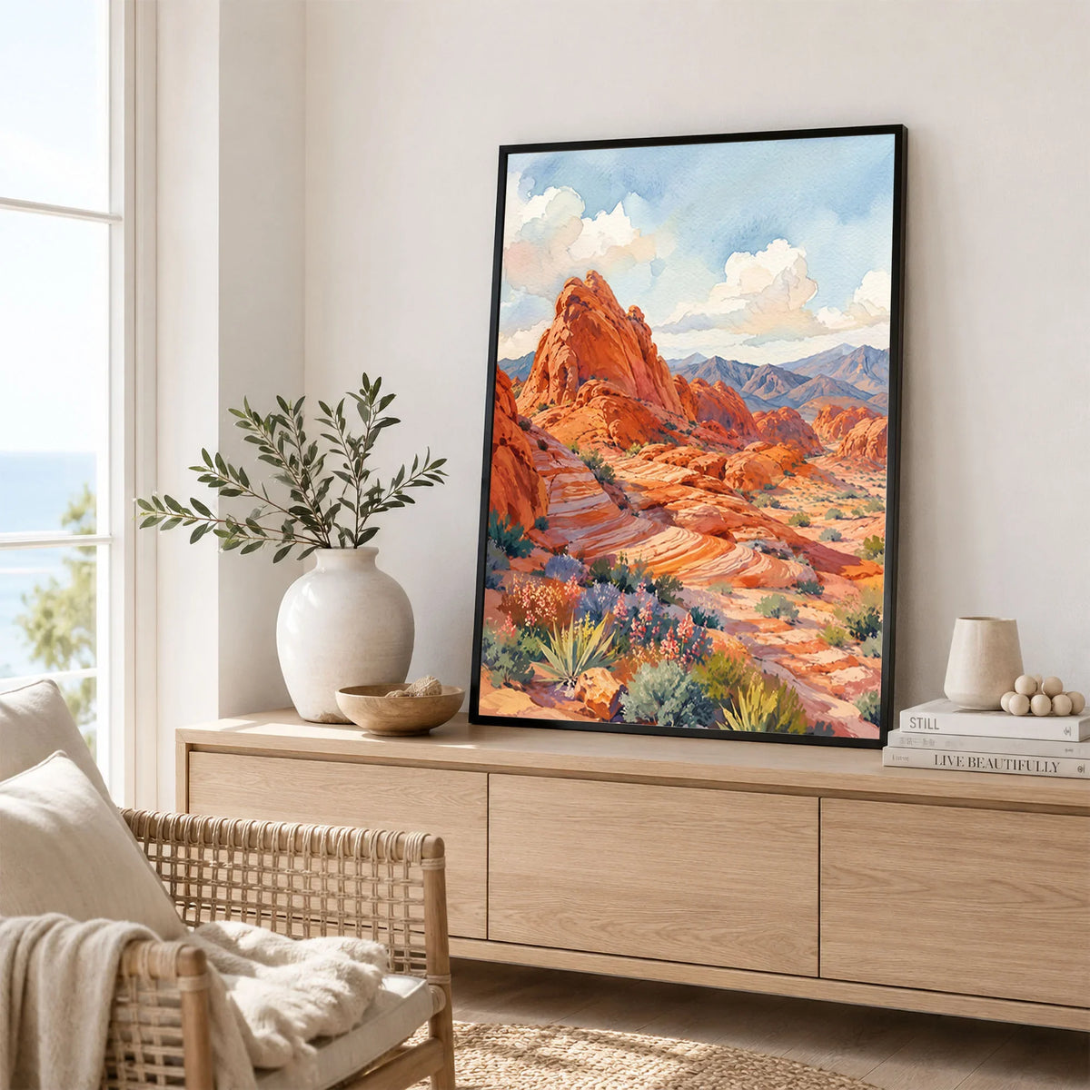 Valley of Fire State Park red sandstone waves watercolour art print framed in a living room