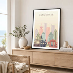 Vancouver city skyline art print framed in a living room