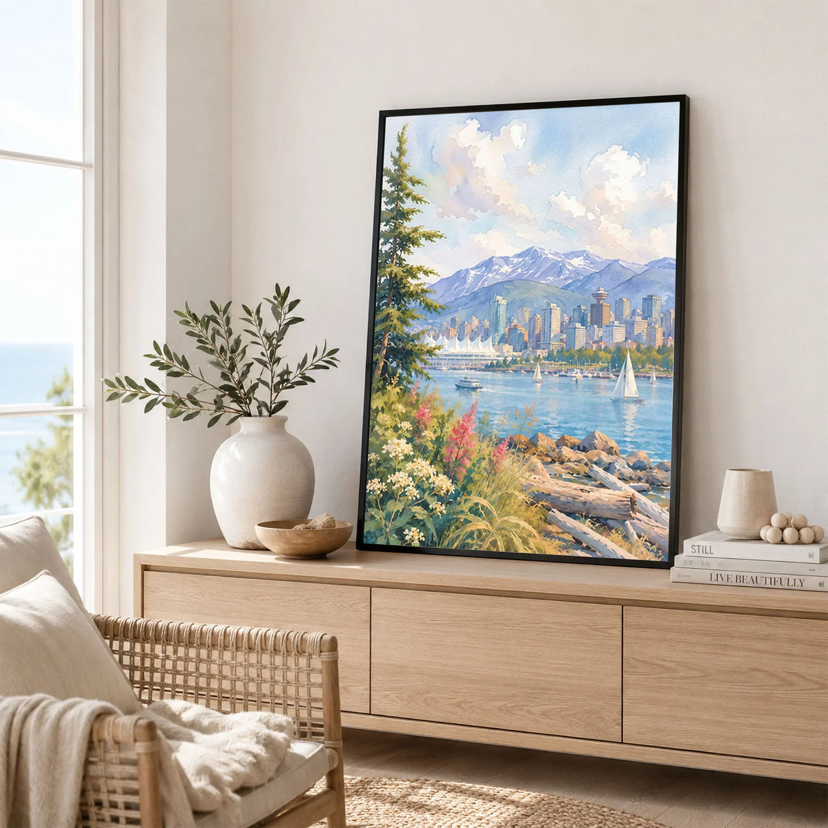 Vancouver harbour and North Shore mountains watercolour art print framed in a living room