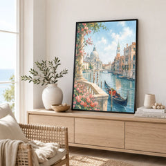 Venice Grand Canal, Salute dome and gondola watercolour art print framed in a living room