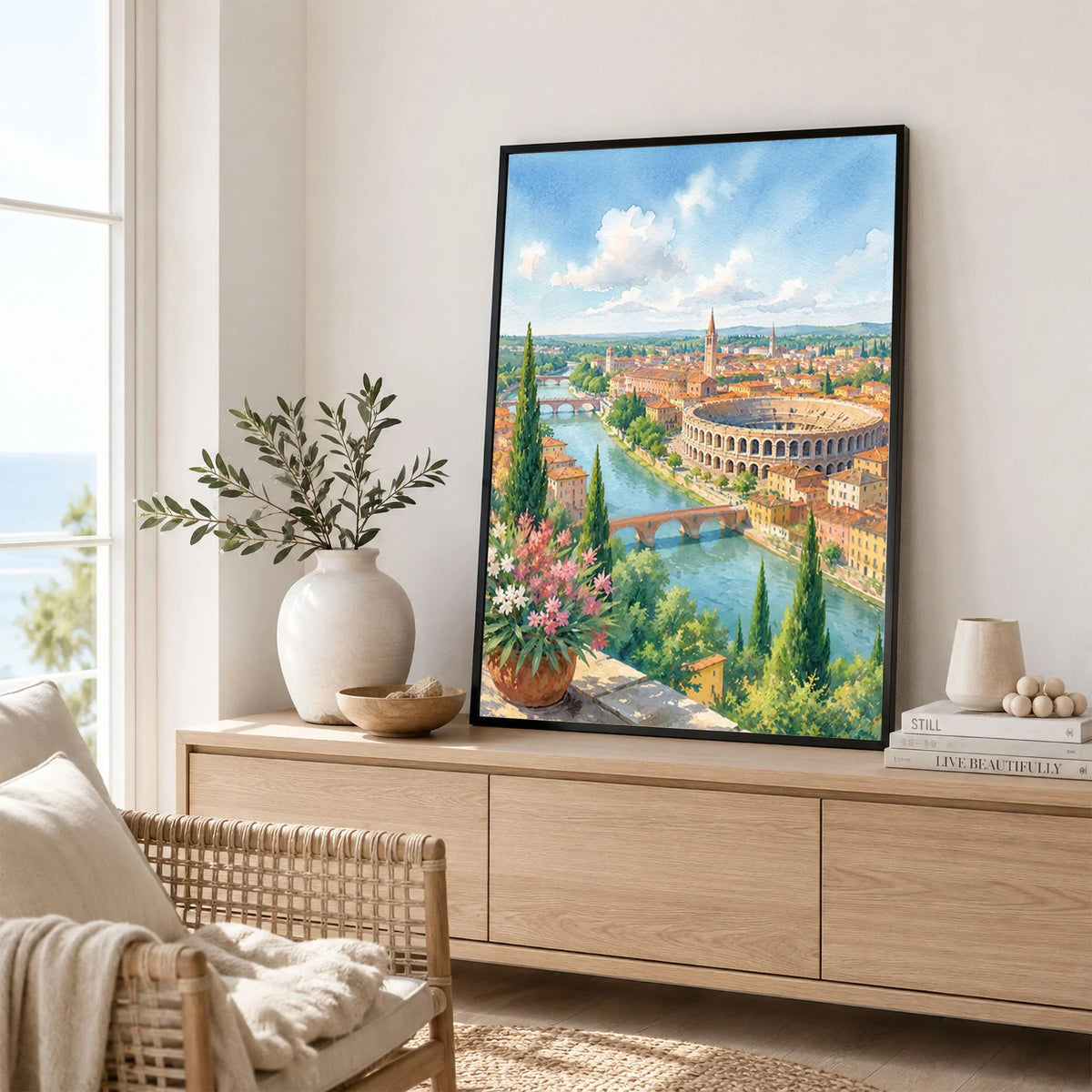 Verona Arena and Adige river watercolour art print framed in a living room