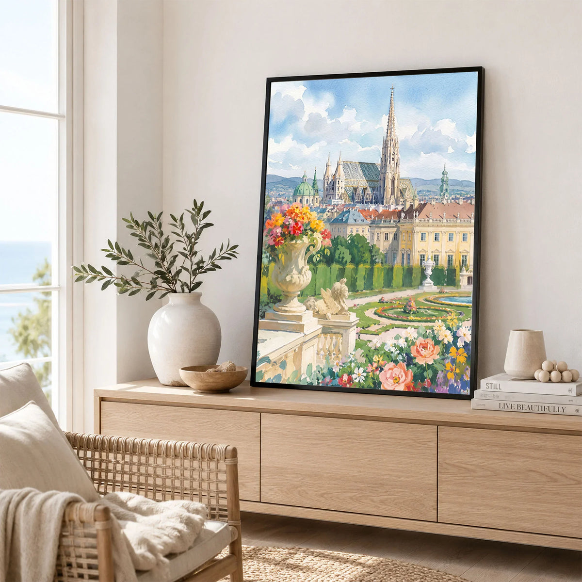 Vienna St Stephen's Cathedral and palace gardens watercolour art print framed in a living room