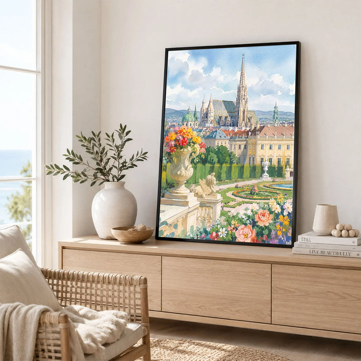 Vienna St Stephen's Cathedral and palace gardens watercolour art print framed in a living room
