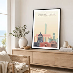 Washington DC city skyline art print framed in a living room