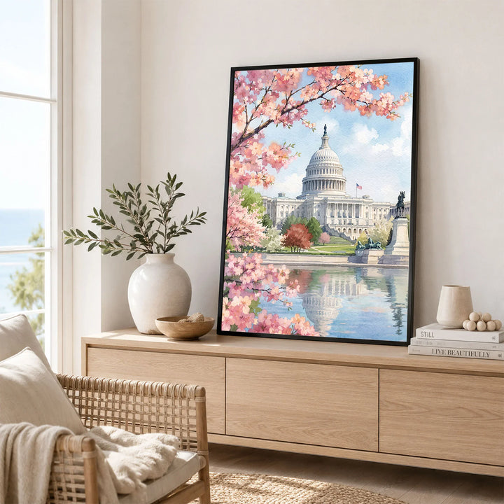 Washington DC US Capitol and cherry blossom watercolour art print framed in a living room