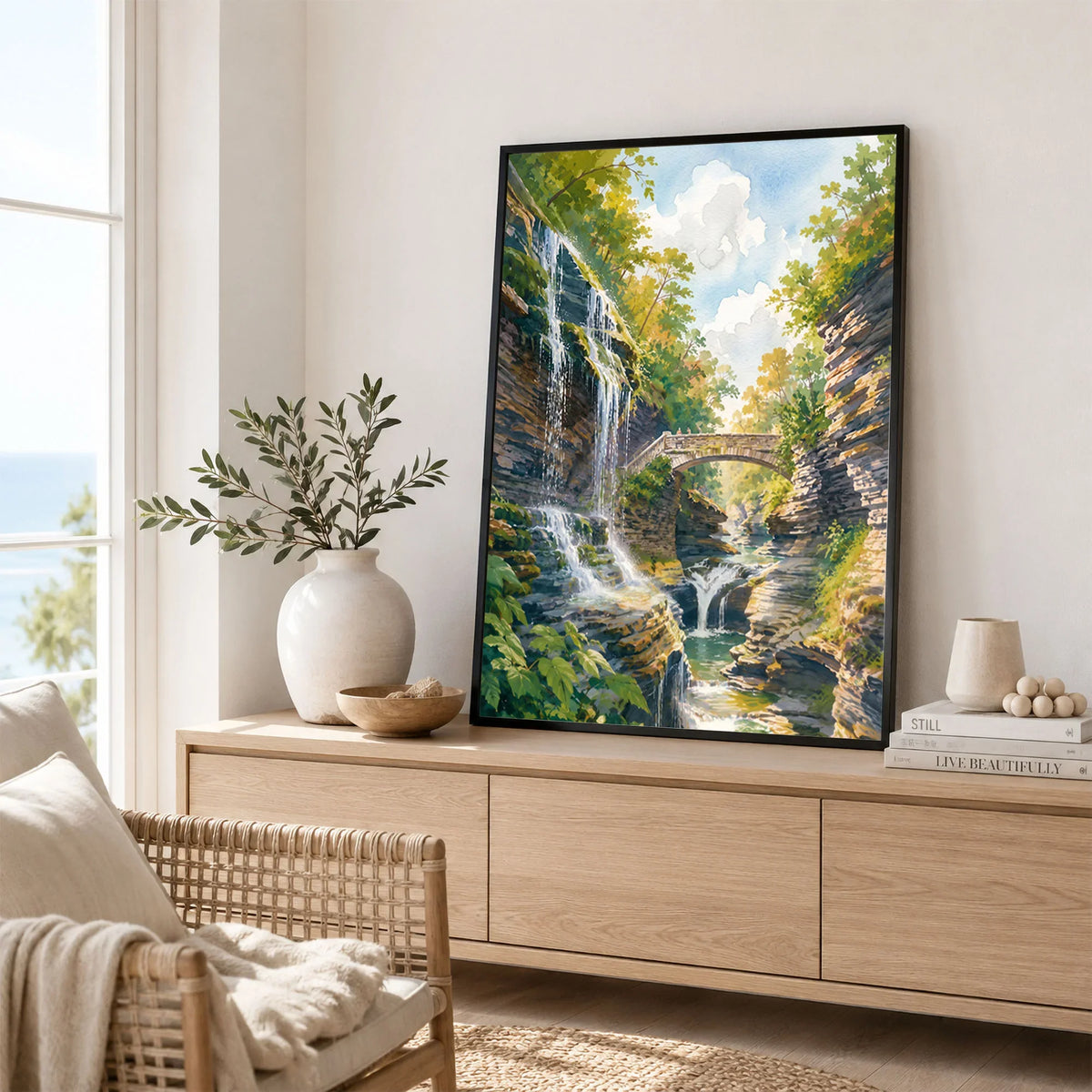 Watkins Glen State Park gorge waterfalls and stone bridge watercolour art print framed in a living room