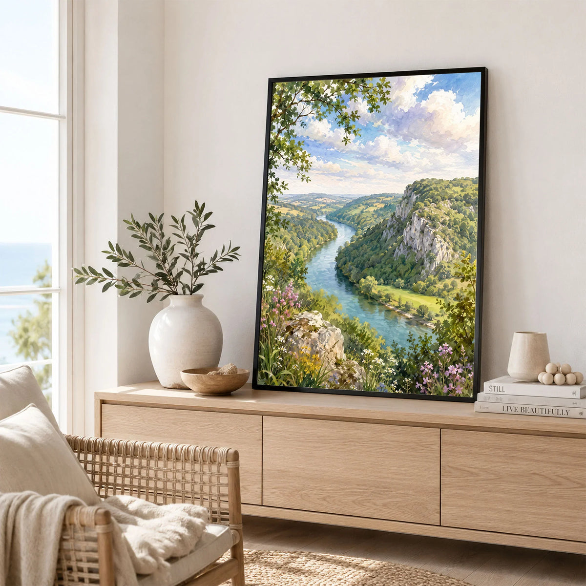Wye Valley river and limestone cliffs watercolour art print framed in a living room
