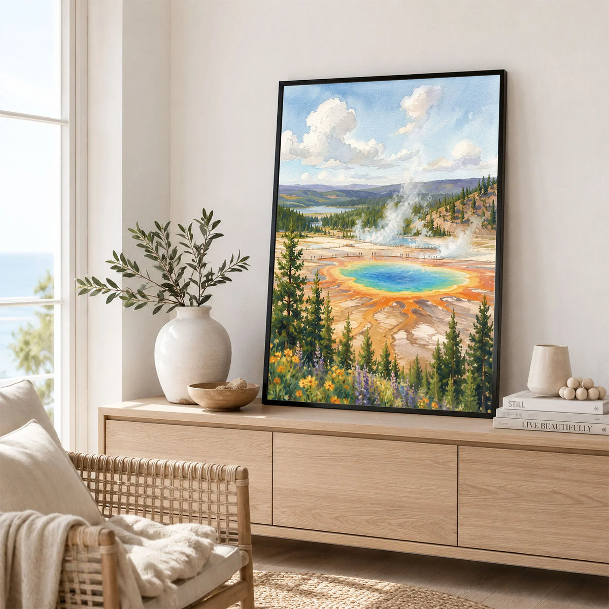 Yellowstone National Park Grand Prismatic Spring watercolour art print framed in a living room