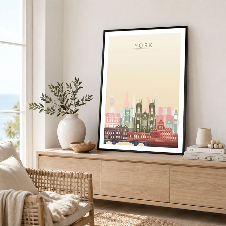 York city skyline art print framed in a living room