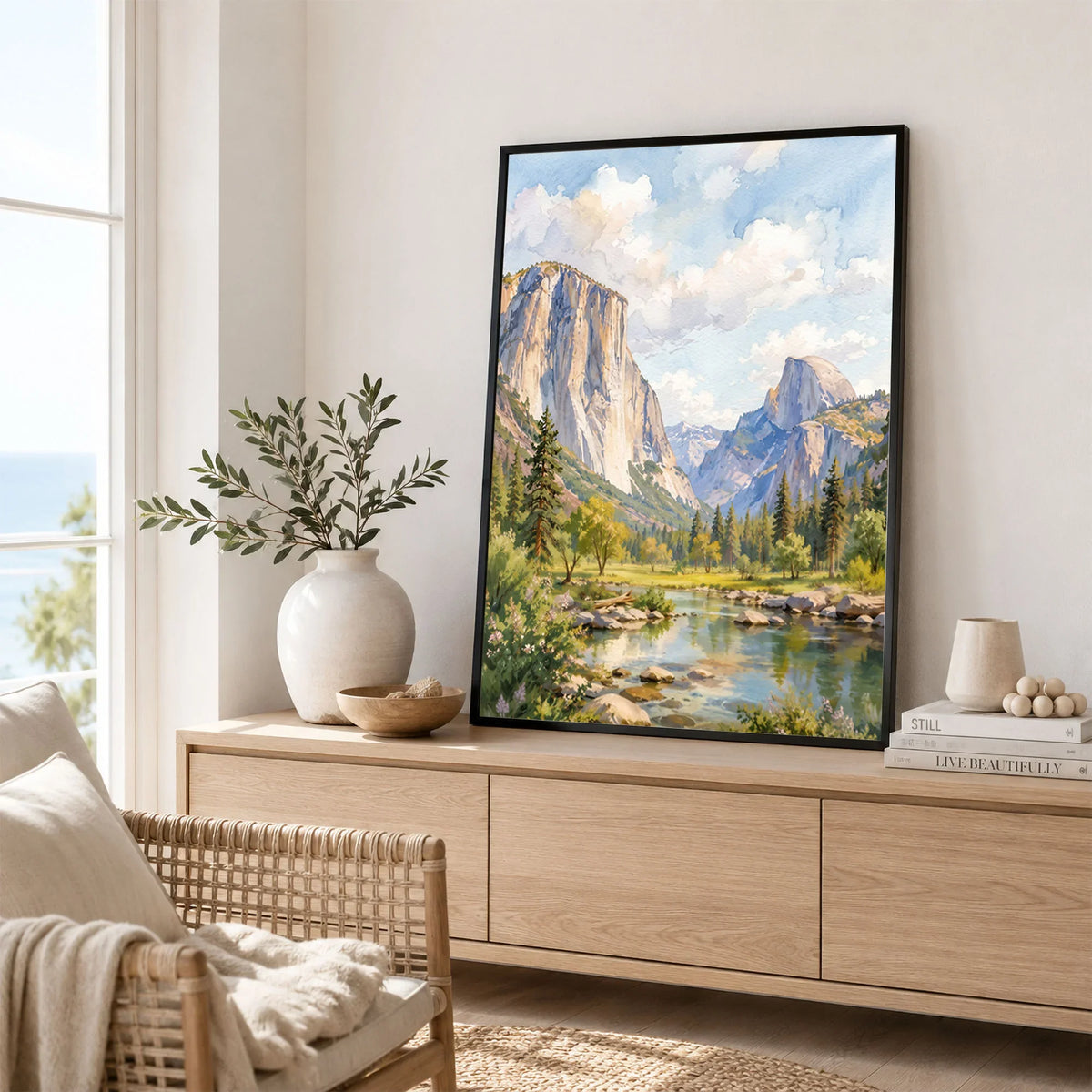 Yosemite National Park El Capitan and Half Dome watercolour art print framed in a living room