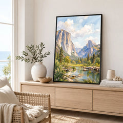Yosemite National Park El Capitan and Half Dome watercolour art print framed in a living room