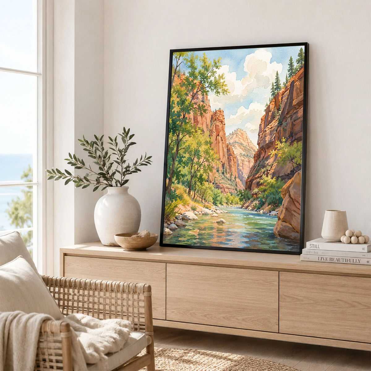 Zion National Park Virgin River canyon watercolour art print framed in a living room