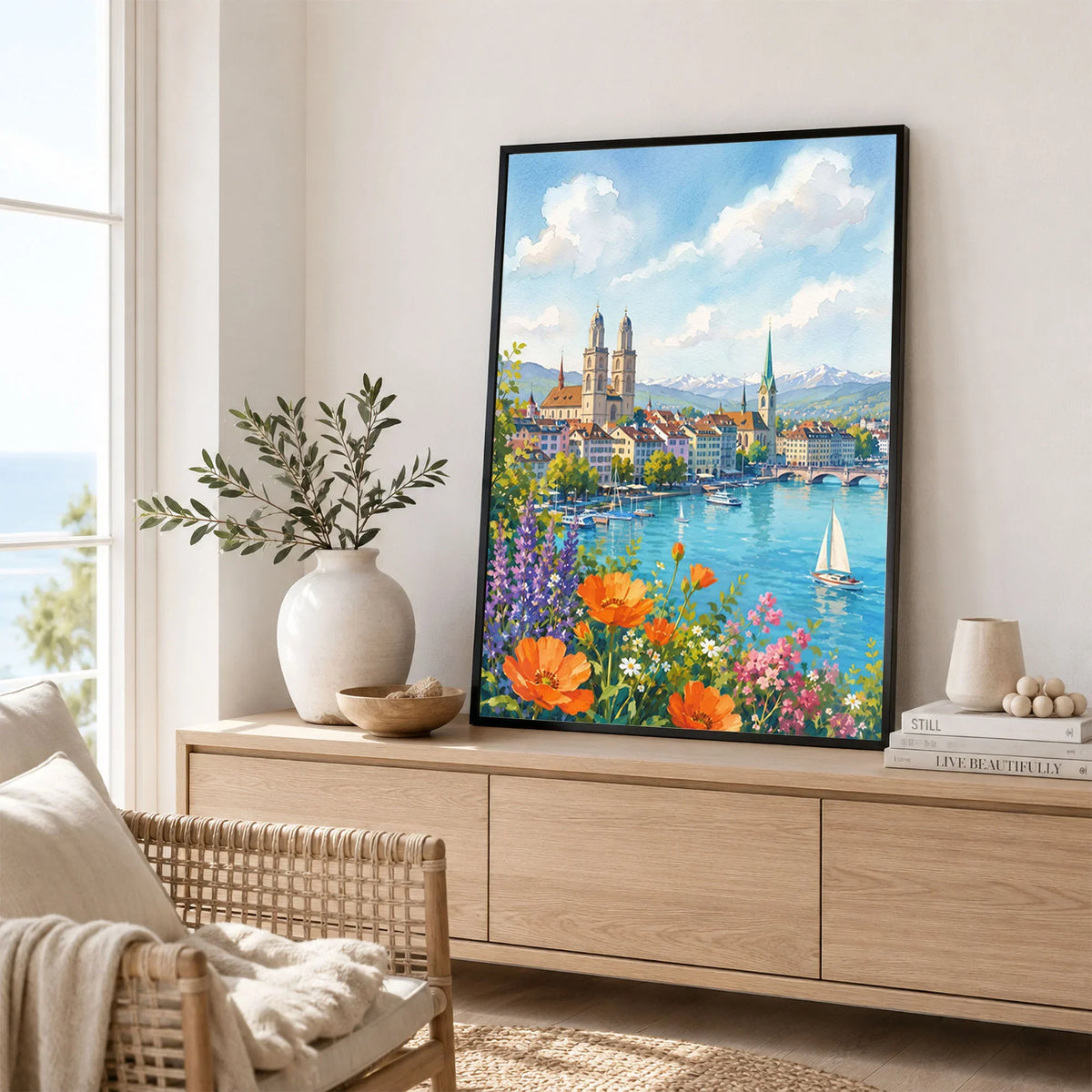 Zurich Grossmünster and the Limmat watercolour art print framed in a living room