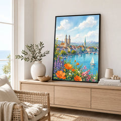 Zurich Grossmünster and the Limmat watercolour art print framed in a living room