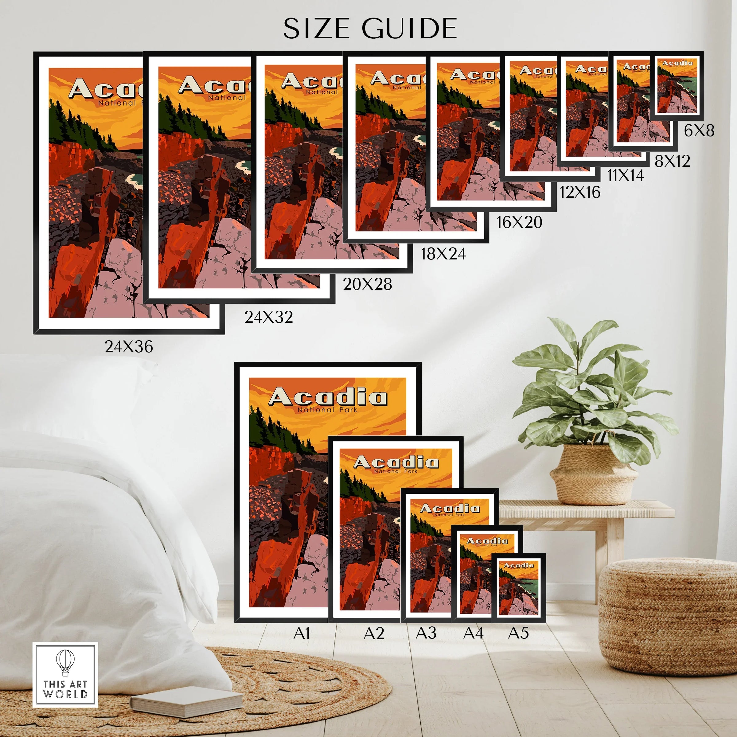 Acadia National Park travel poster size guide with multiple framed wall art print options.