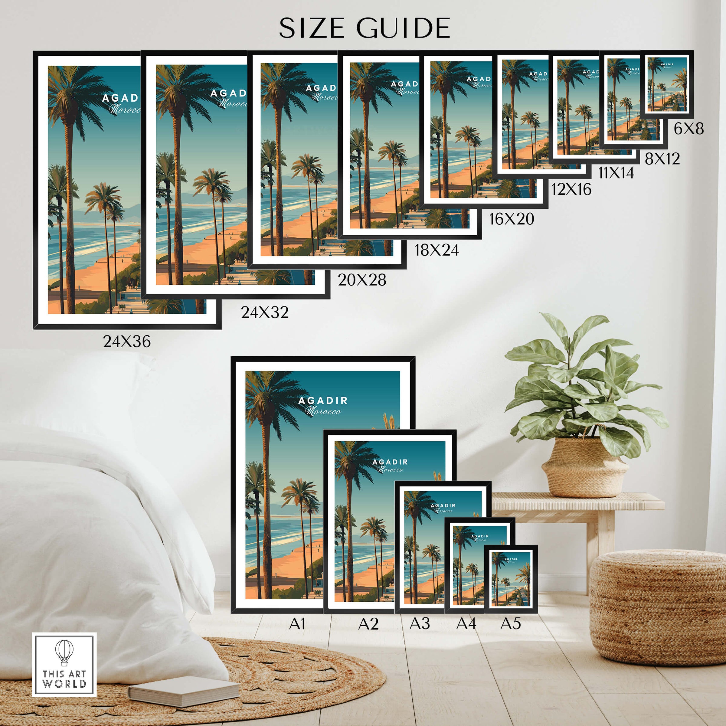 Agadir Travel Poster Print Morocco - Palm Trees size guide with various frame dimensions and styles.