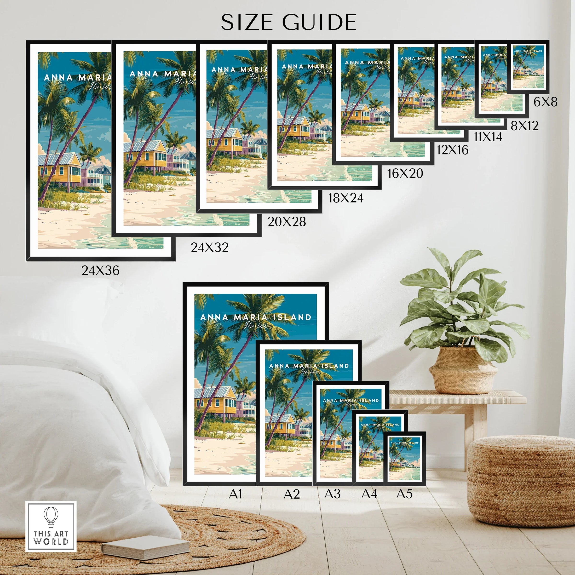 Wall art poster size guide featuring Anna Maria Island beach print with palm trees and colorful houses.