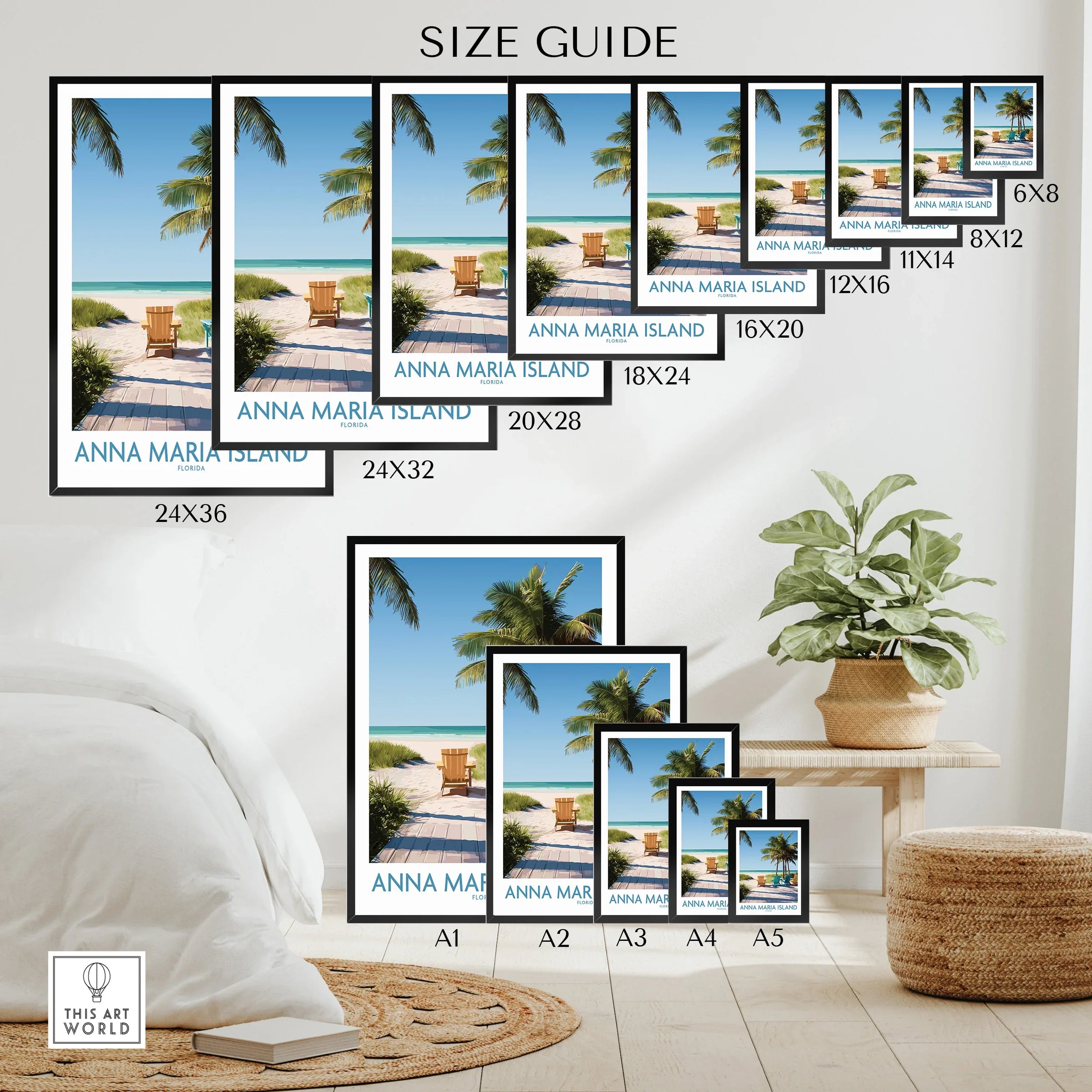 Anna Maria Island beach wall art poster size guide with tropical sunset print in various sizes, displayed in a modern bedroom setting.